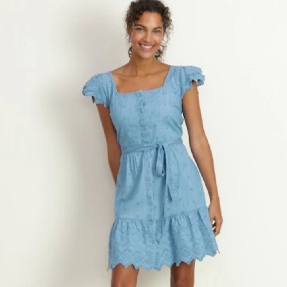 OLD NAVY | Blue Denim Chambray Embroidered Cutwork Eyelet Peasant Mini Dress, L - Picture 1 of 10